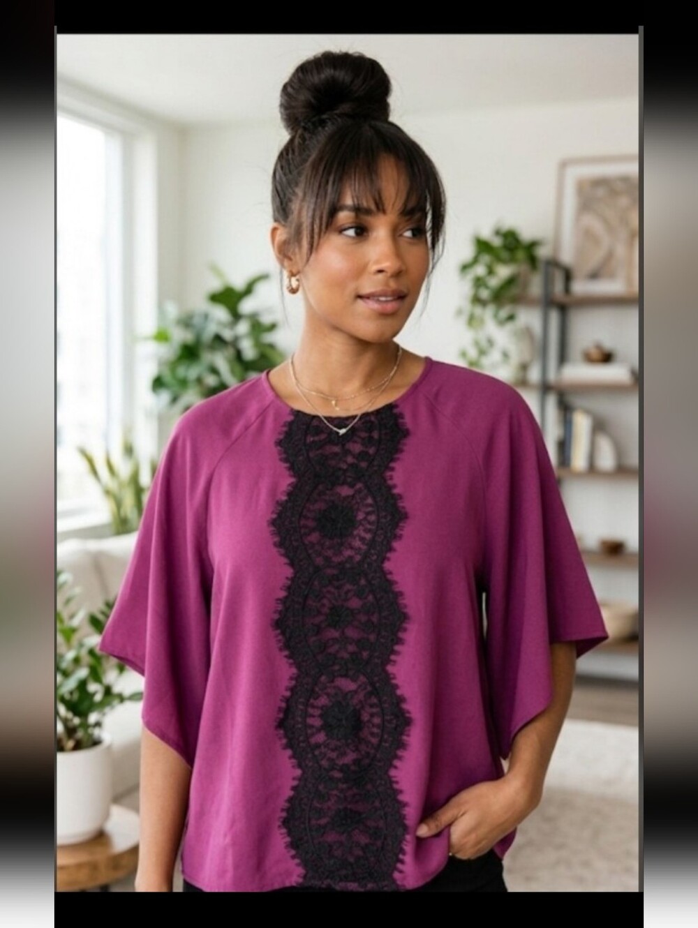 Women's Plum Lace-Trim Flutter Sleeve Top